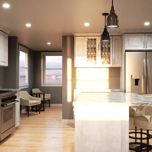 Interior rendering of a kitchen.