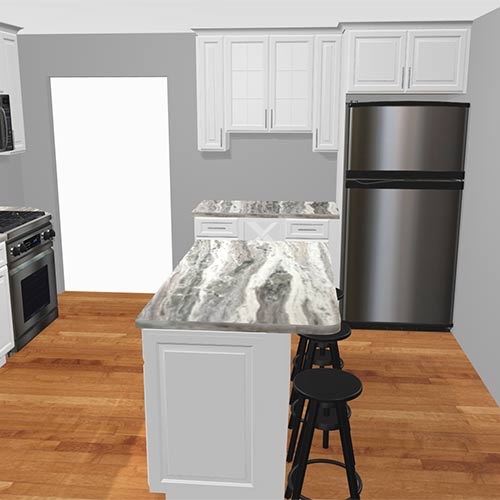 Interior rendering of a kitchen.