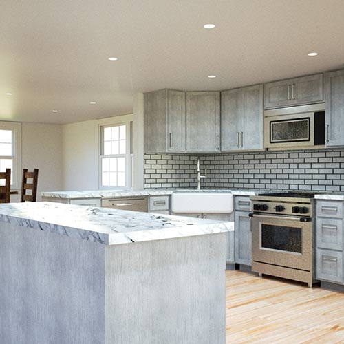 Interior rendering of a kitchen.