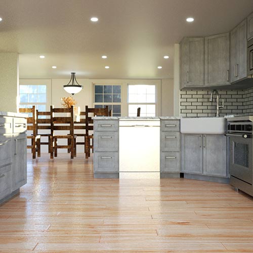 Interior rendering of a kitchen.