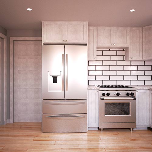 Interior rendering of a kitchen.