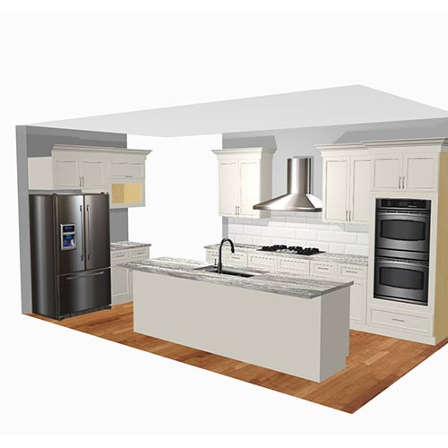 Interior rendering of a kitchen.