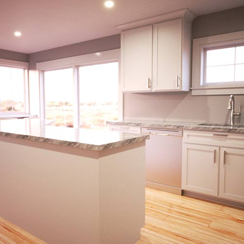 Interior rendering of a kitchen.