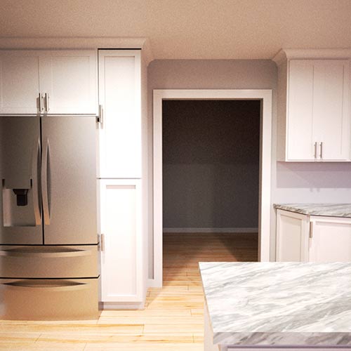 Interior rendering of a kitchen.
